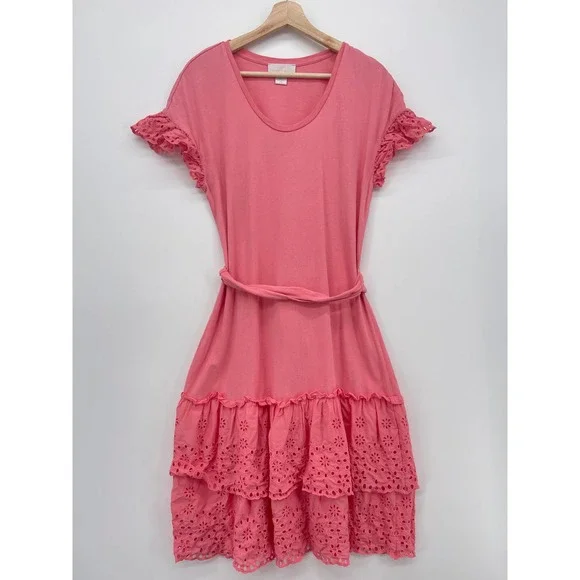 Rachel Parcell Dresses | Rachel Parcell Dress Womens S Pink Eyelet Lace Tiered A-Line Belted Summer | Color: Pink | Size: S | Melaniefanene's Closet